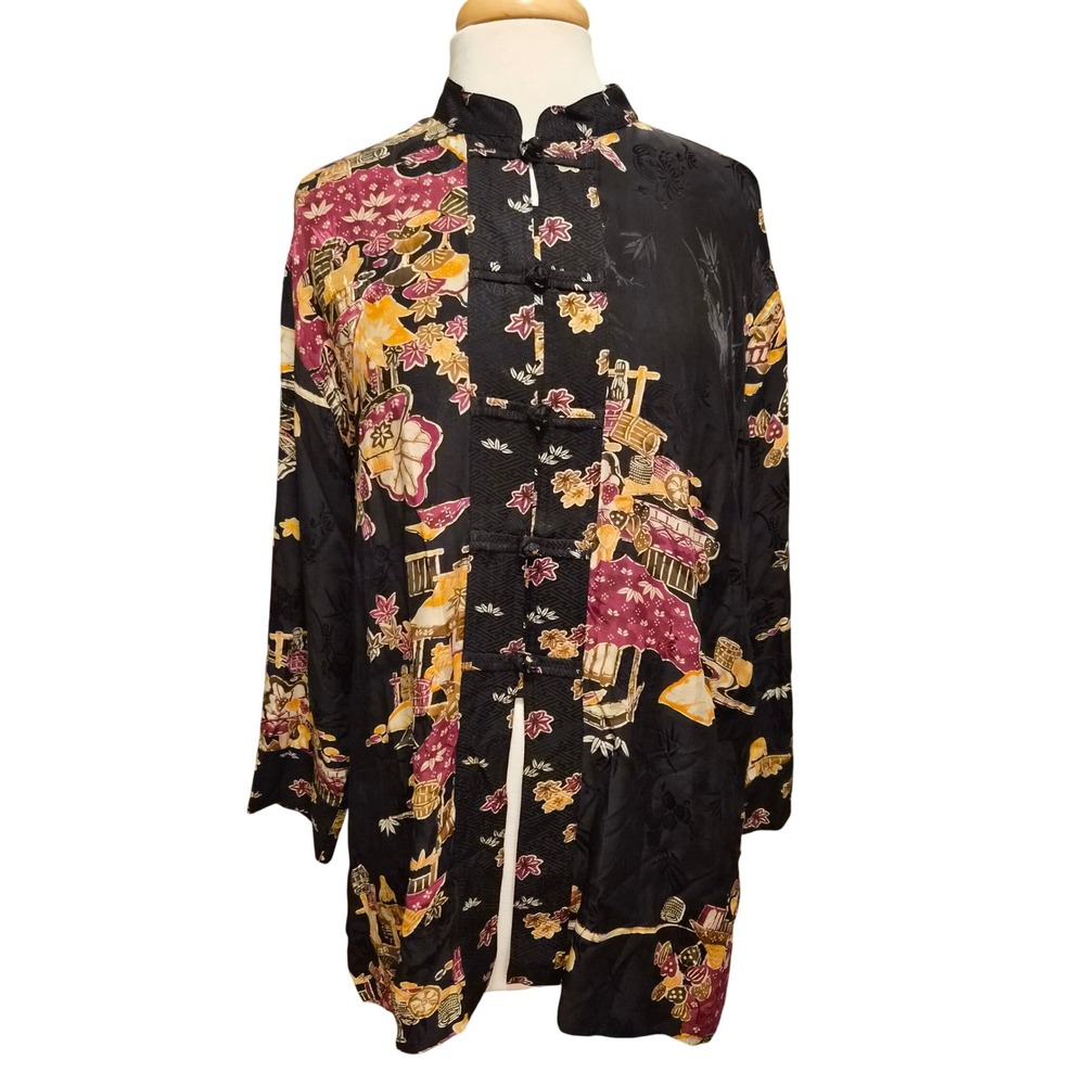 Chicos Design 100% Silk Asian Landscape Floral Frog Button Jacket Black Gold 2